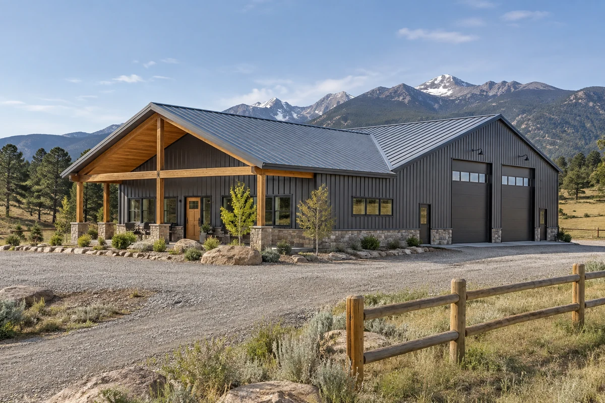 Design inspiration: gabled metal barn with a timber porch and tall overhead doors.