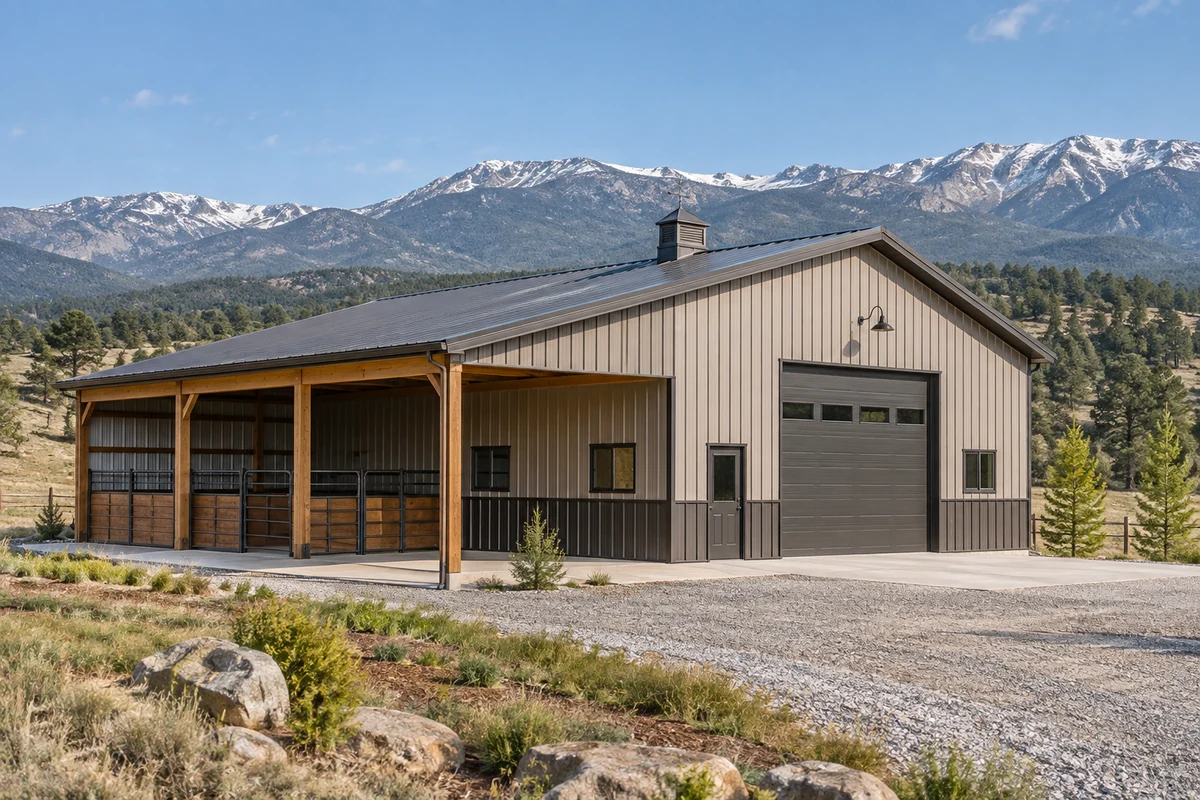 Design inspiration: metal barn with a row of sheltered open bays and gravel access.