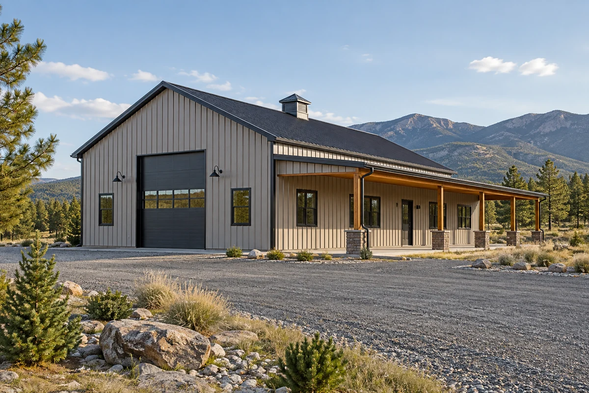Design inspiration: post-frame barn with a timber porch, cupola and two vehicle doors.