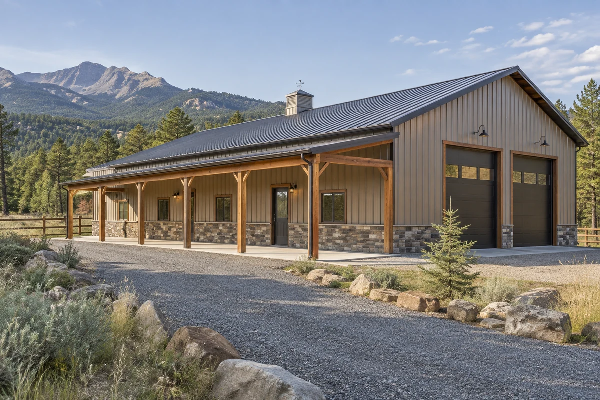 Design inspiration: gabled barn with a broad covered timber porch and landscaped approach.