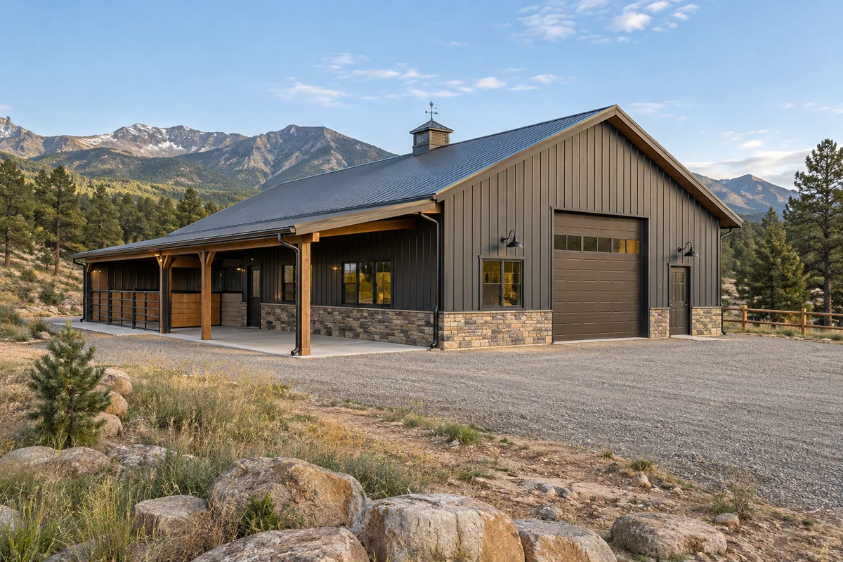 Design inspiration: wood-and-metal barn with a deep open porch and a large enclosed bay.