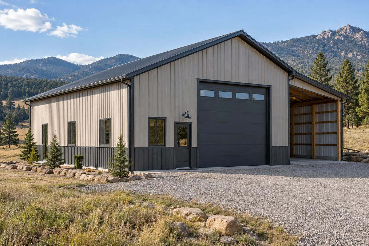 Design inspiration: metal RV garage with a tall door and adjacent covered storage.