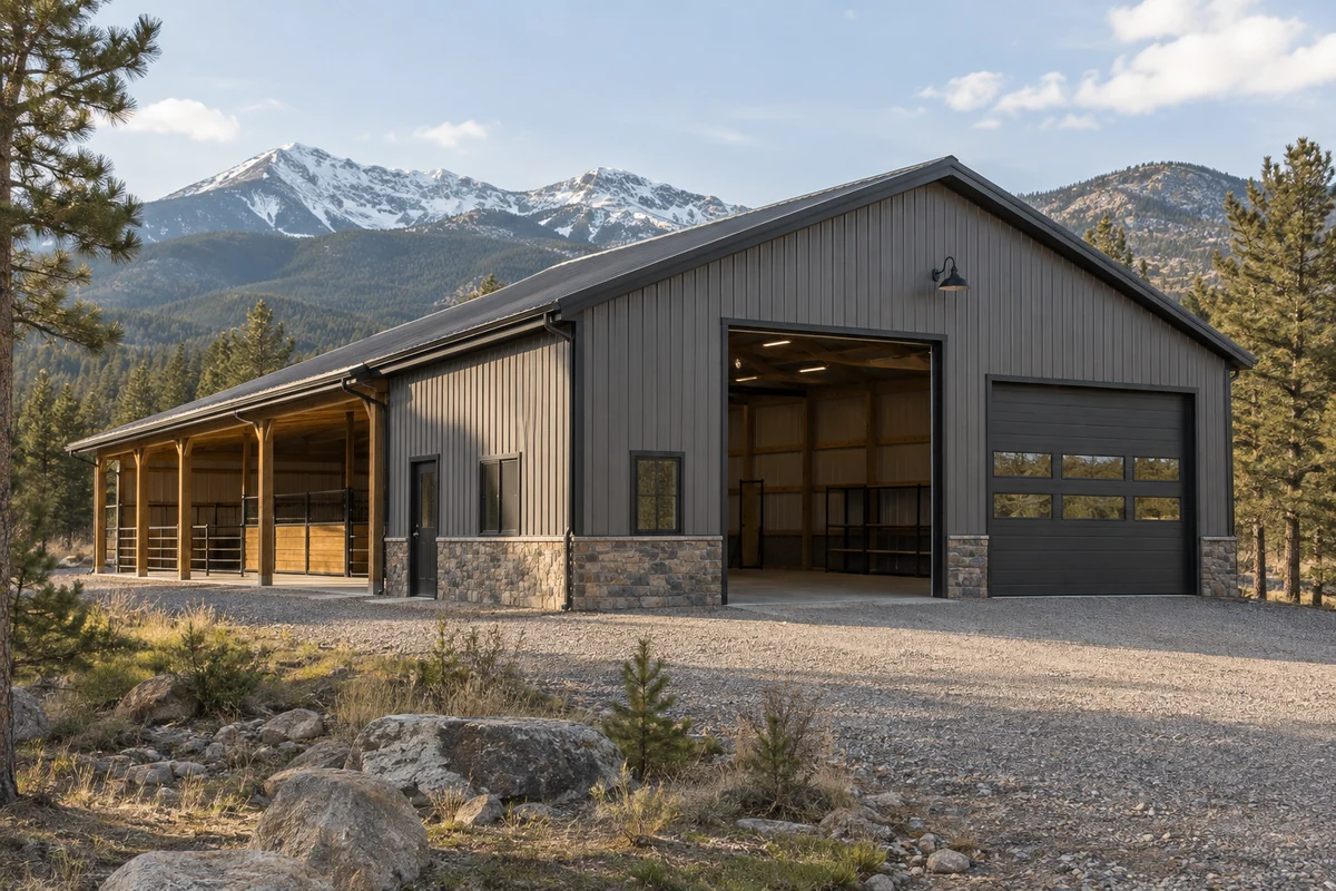 Design inspiration: vehicle storage building with two overhead doors and a covered side aisle.