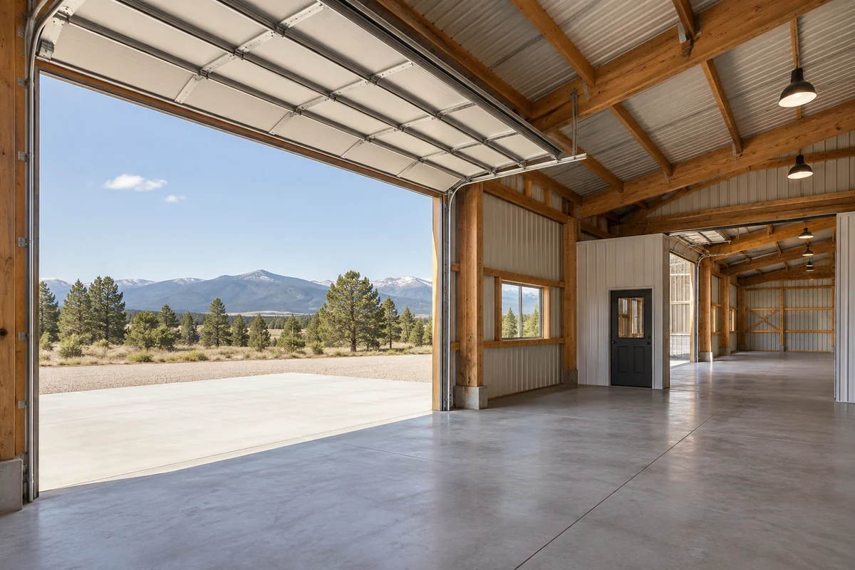 Design inspiration: open vehicle-storage interior with exposed roof framing and a concrete floor.