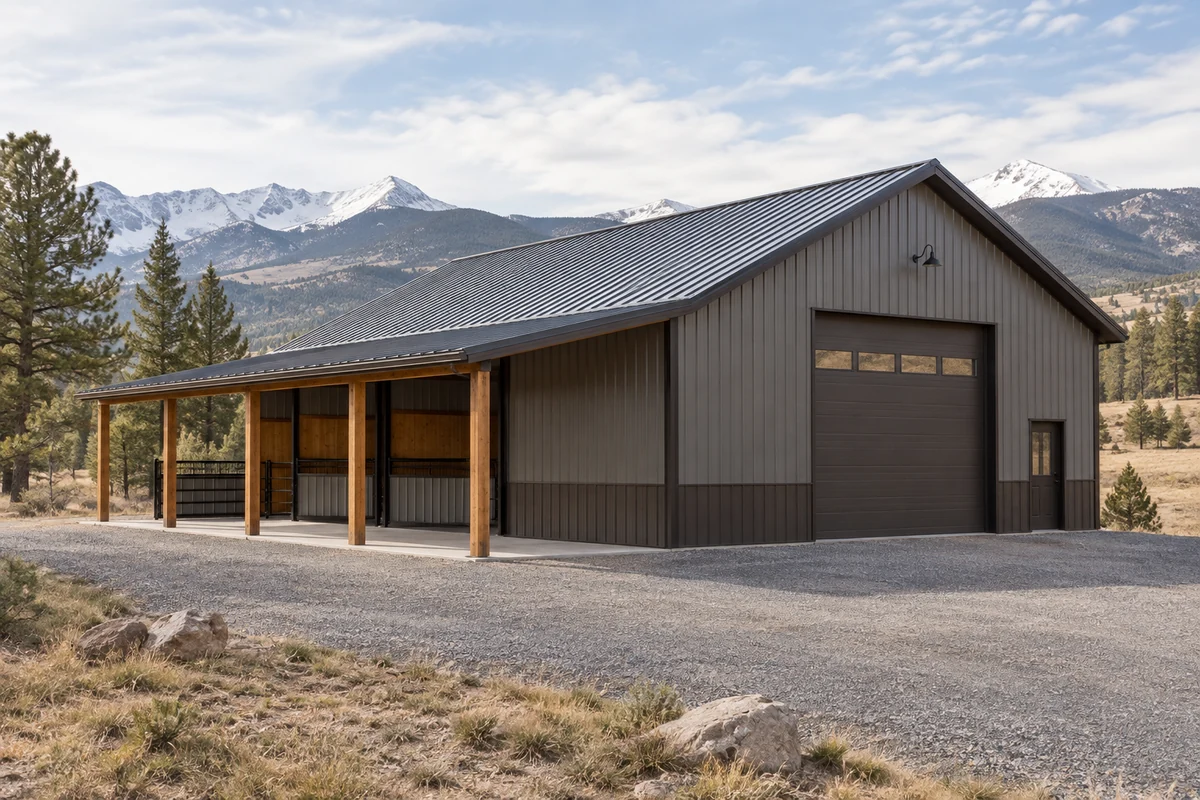 Design inspiration: metal storage building with enclosed vehicle doors and a sheltered side aisle.