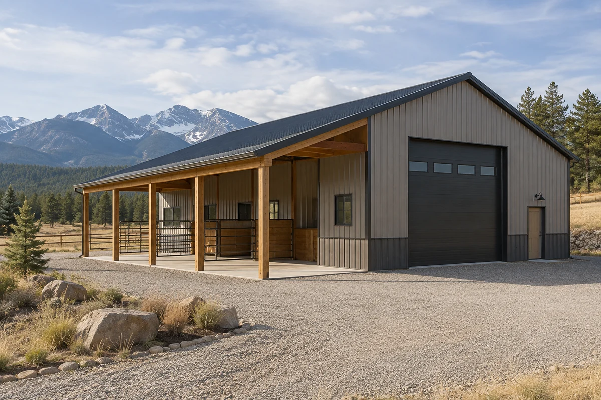 Design inspiration: tall vehicle-storage building with an overhead door and timber-covered side bays.