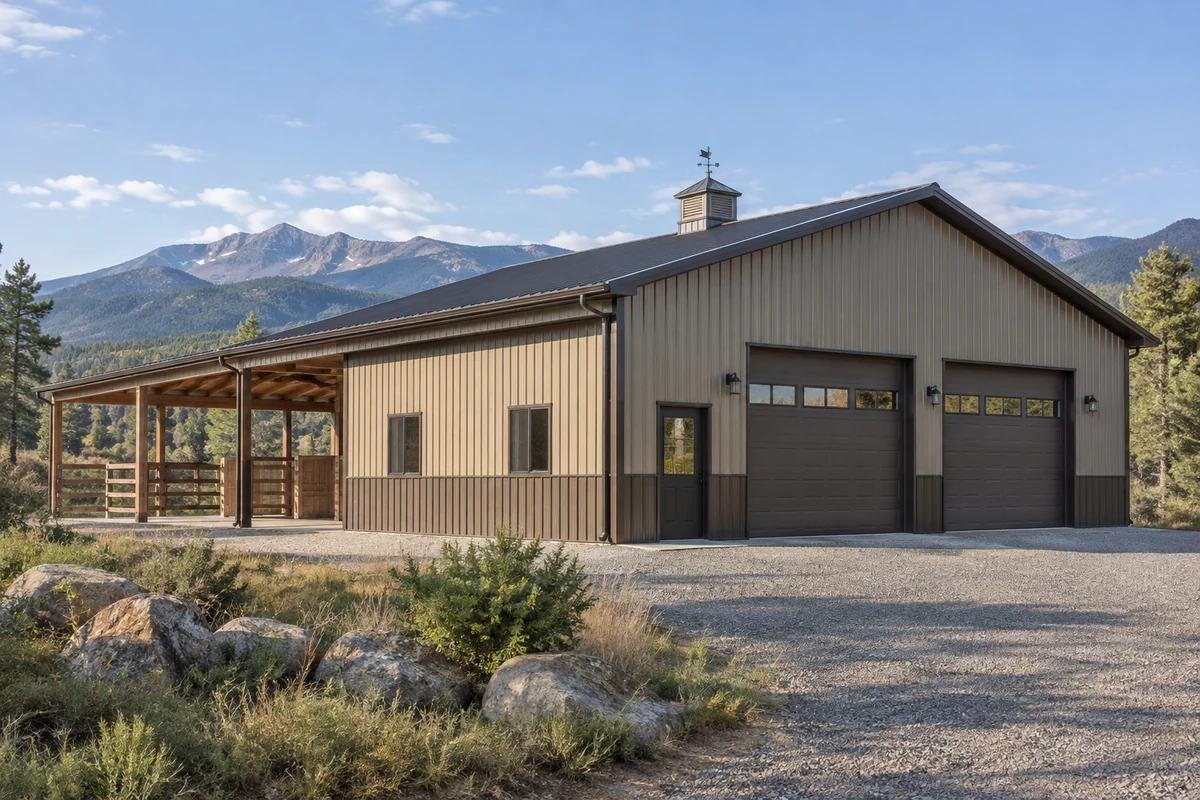 Design inspiration: metal garage with two vehicle doors and a long side canopy.