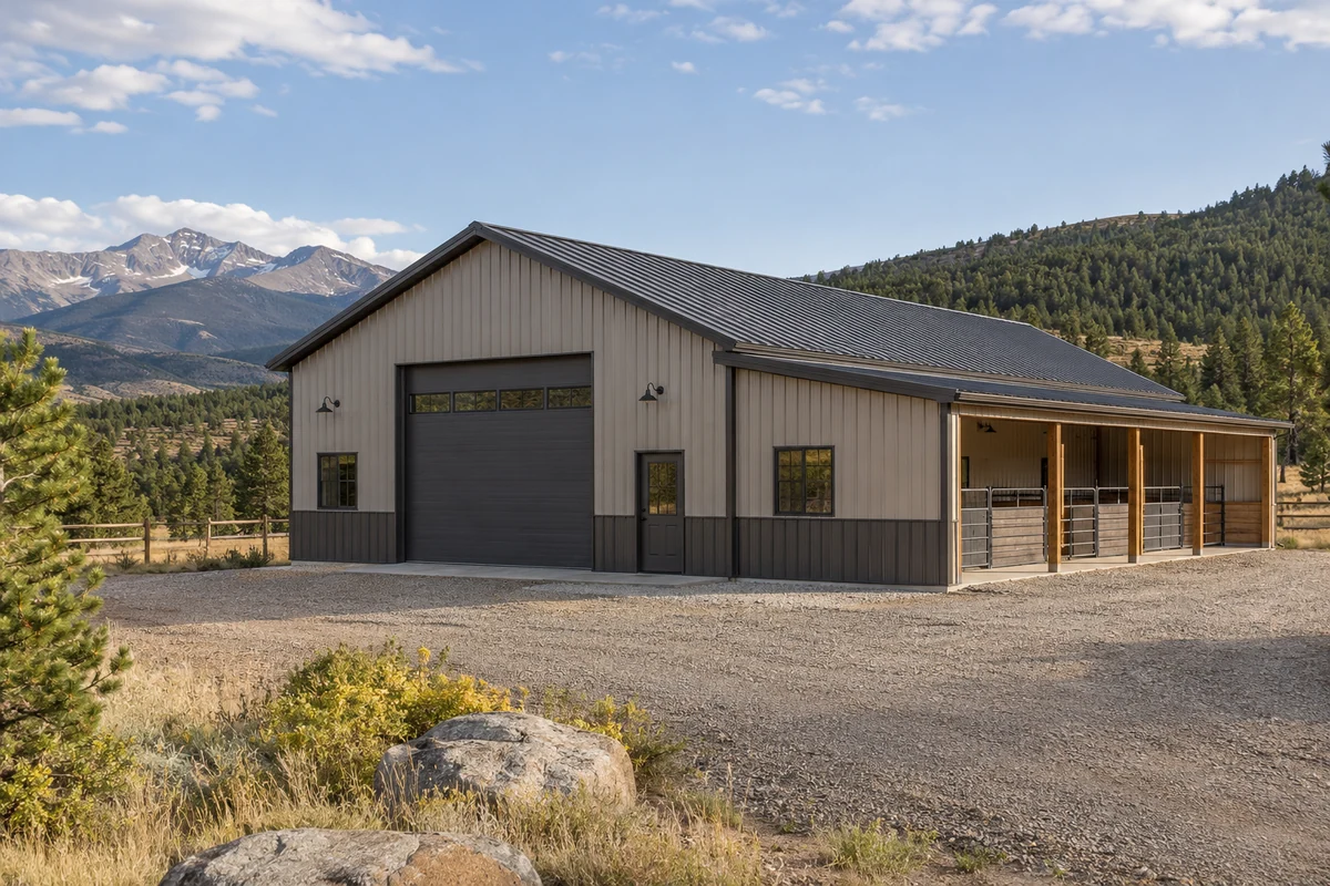 Design inspiration: wide metal garage with several vehicle bays and a gravel forecourt.