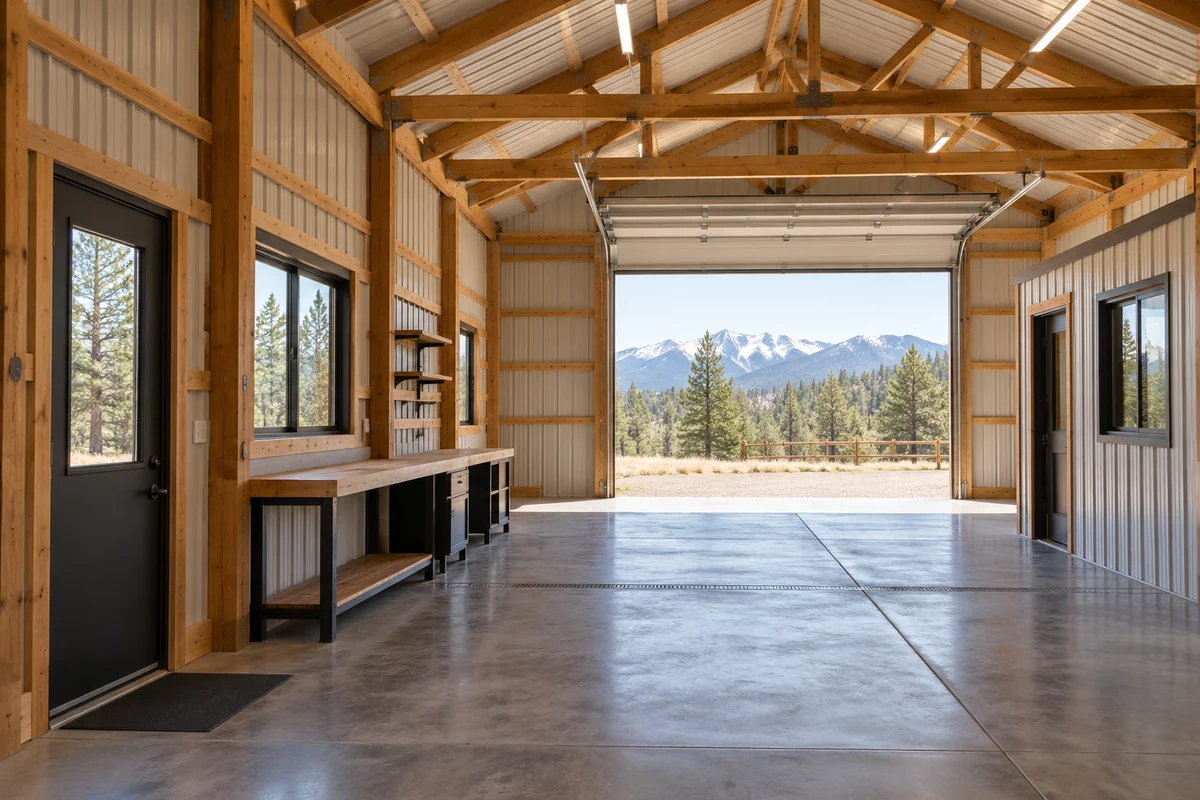 Design inspiration: workshop interior with a large open vehicle door, workbench and timber framing.