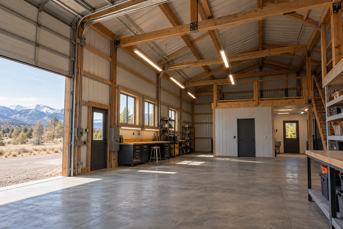 Design inspiration: workshop with a concrete floor, storage shelves and exposed roof framing.