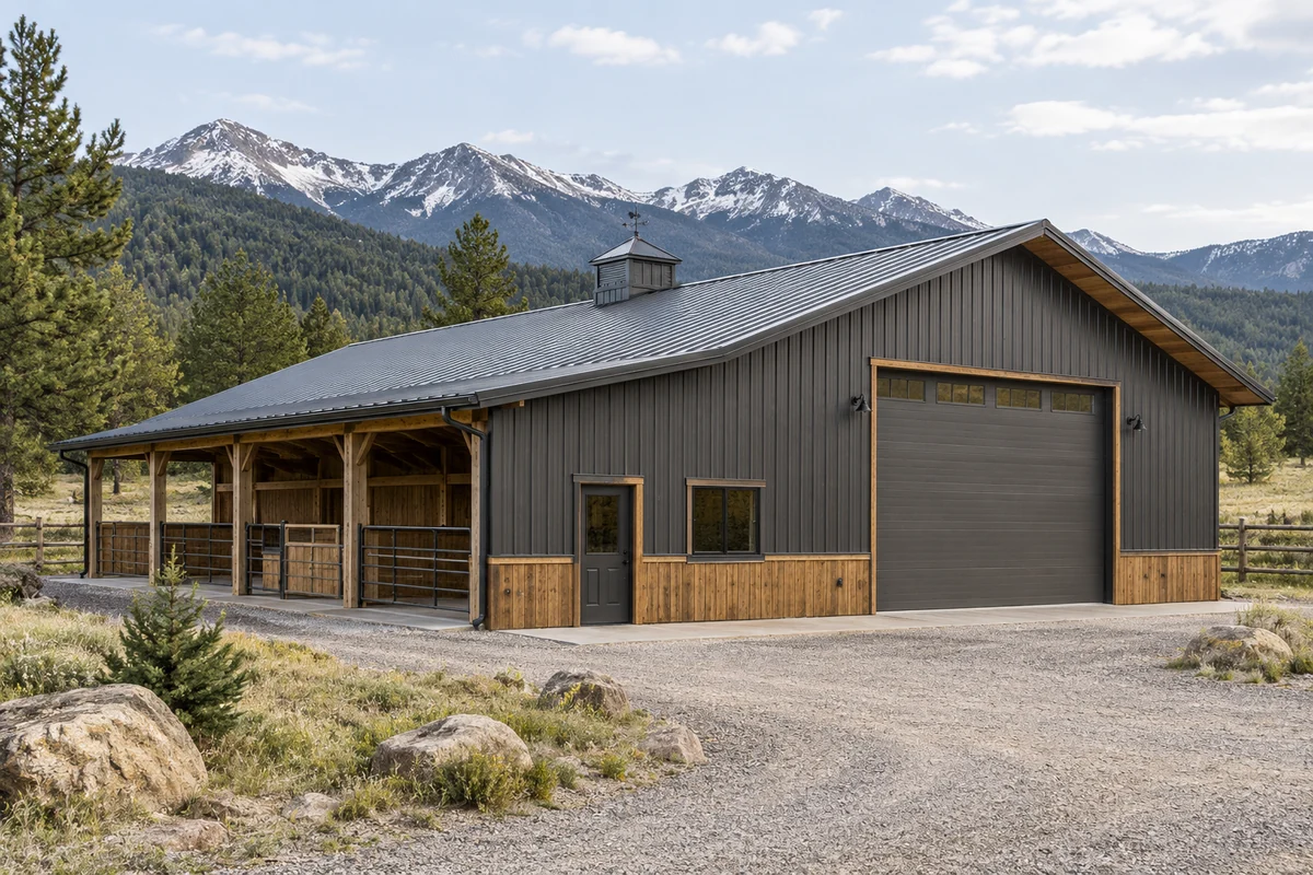 Design inspiration: gabled shop building with a vehicle door, windows and a covered side workspace.