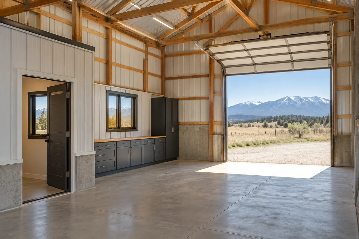Design inspiration: workshop interior with windows, timber roof beams and an open overhead door.