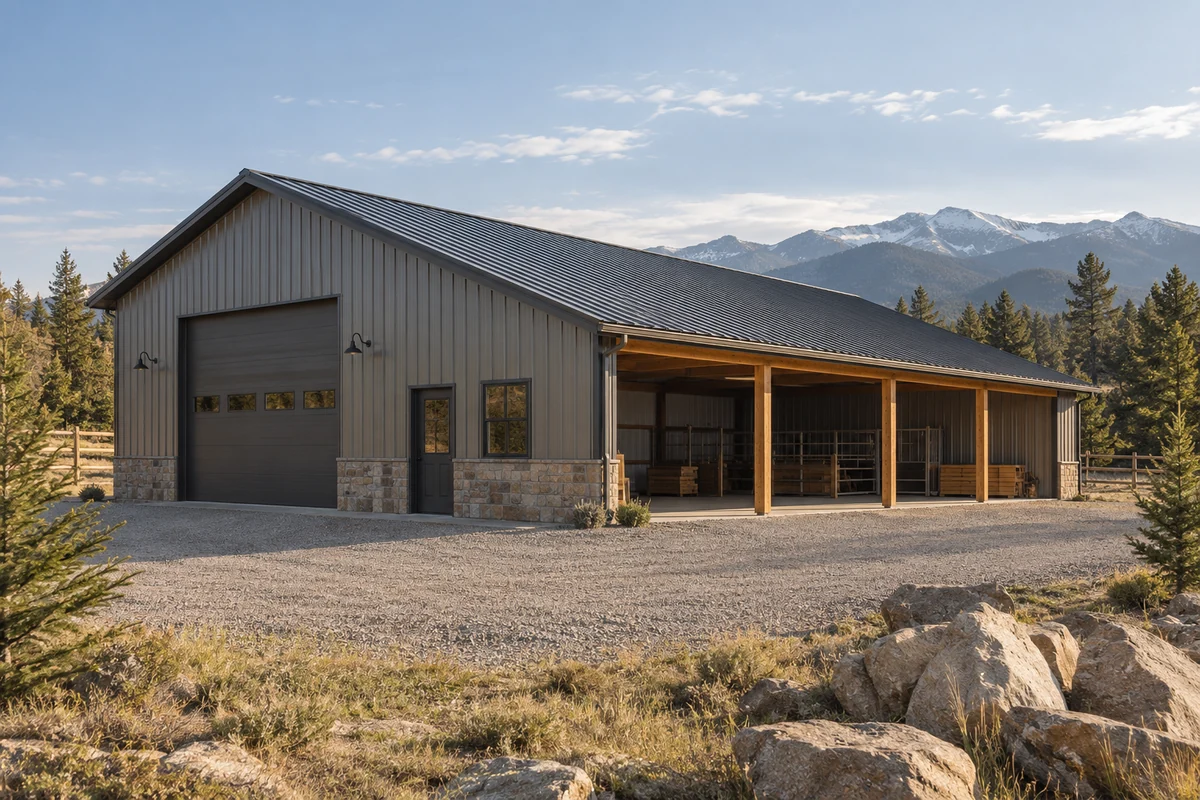Design inspiration: metal shop with a covered timber work area beside a landscaped gravel approach.